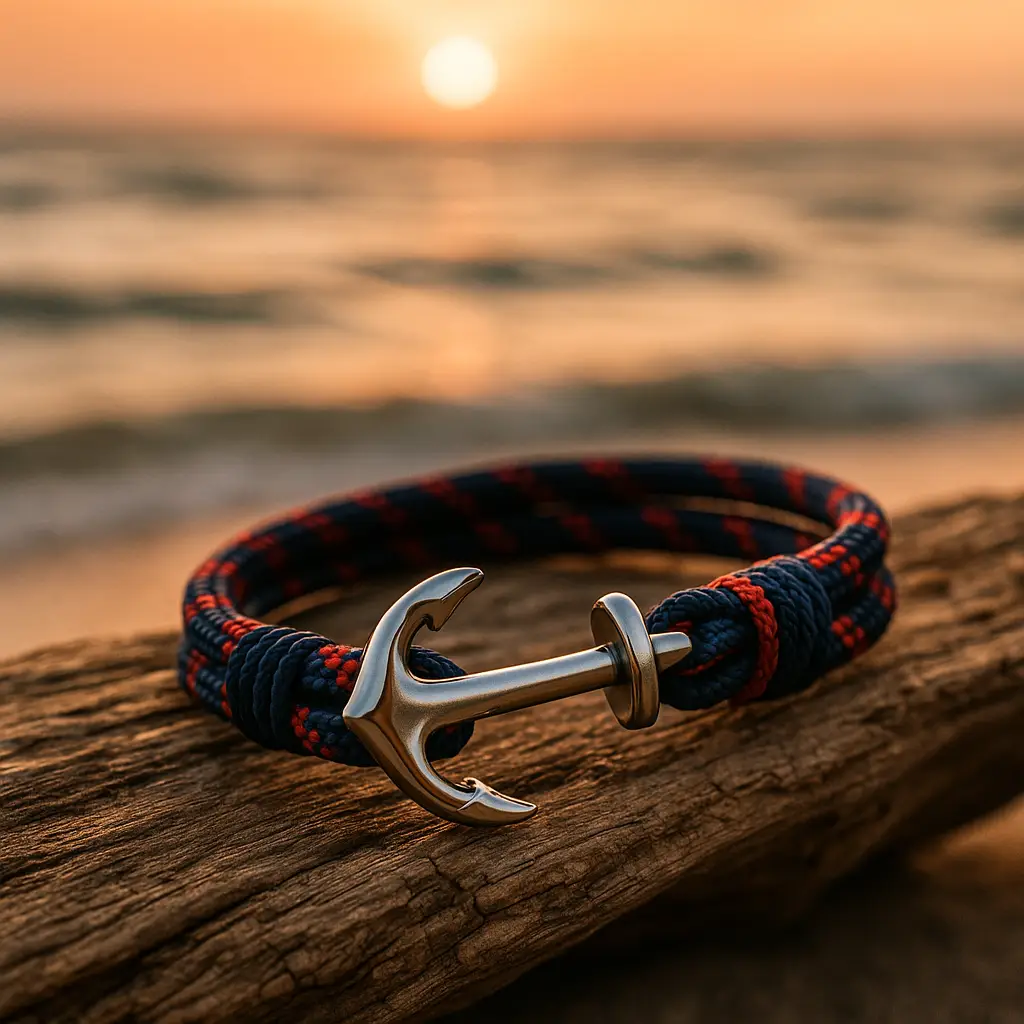 Maritimes Armband mit Anker aus Edelstahl – blau-rotes Ankerarmband auf Treibholz vor Sonnenuntergang am Meer