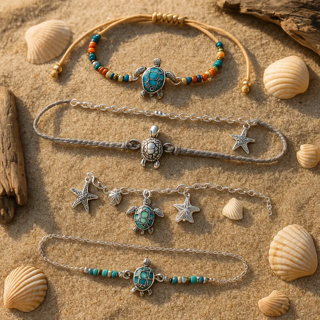 Fünf verschiedene Schildkrötenarmbänder auf sandigem Untergrund, dekoriert mit Muscheln und Treibholz. Die Armbänder bestehen aus Silber, Makramee und bunten Perlen, jeweils mit Schildkröten- und maritimen Anhängern wie Seestern und Muschel – stimmungsvoll inszeniert
