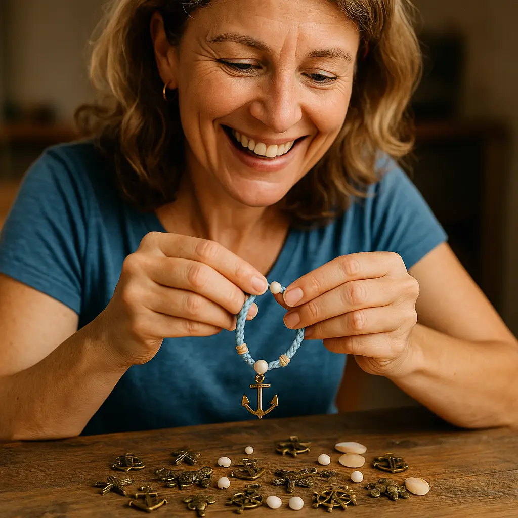 Frau mit langem, braunem Haar sitzt entspannt an einem Holztisch und bastelt maritimen Schmuck aus Muscheln und Bändern. Sie lächelt, während sie konzentriert ein Armband knüpft – umgeben von kleinen Deko-Elementen wie Seesternen, Ankern und Perlen. Die Szene vermittelt kreative Freude und sommerliche Leichtigkeit.