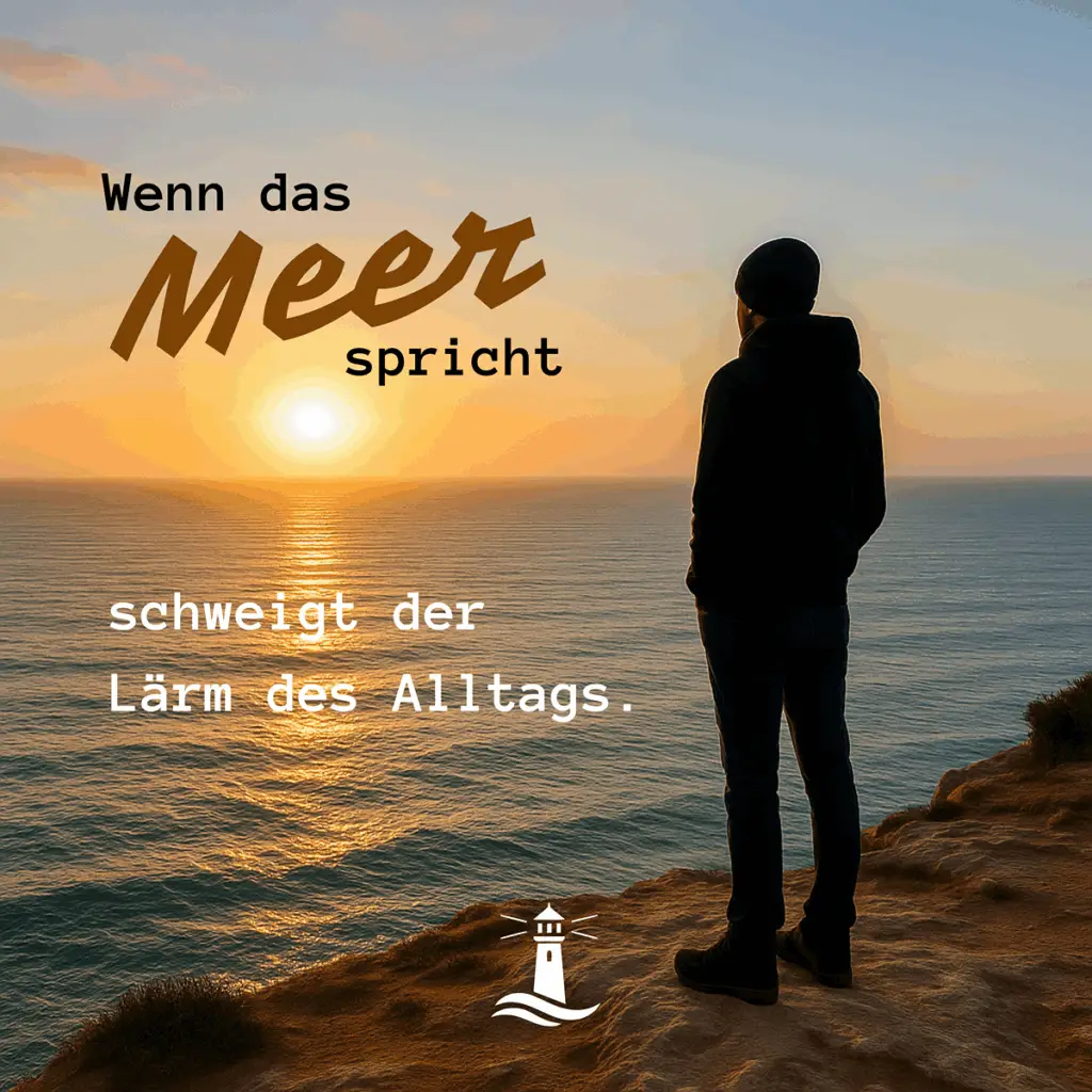 Eine Person steht nachdenkend an der Küste im Sonnenuntergang