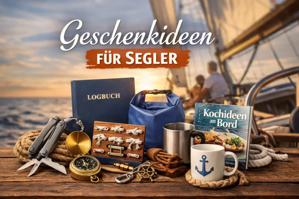 geschenke für Segler -a Auswahl einiger Hidden vor einer Segler Kulisse